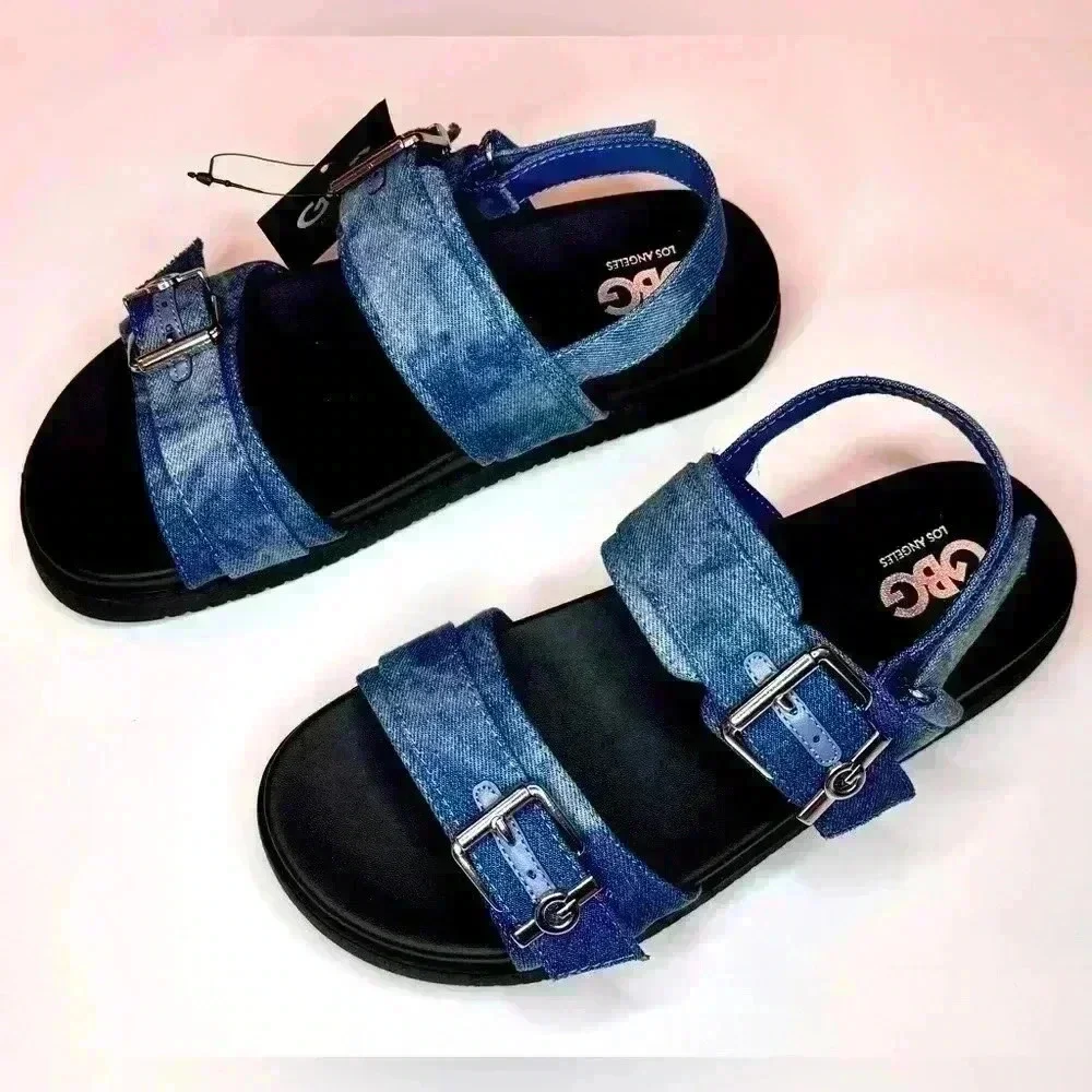 G by Guess Women’s Double Buckle Chunky Denim Sandals Size 8